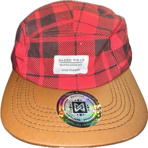 Makerwear Hat Mens One Size Red Black Adjustable Casual Buffalo‎ Check Flannel - Picture 1 of 8